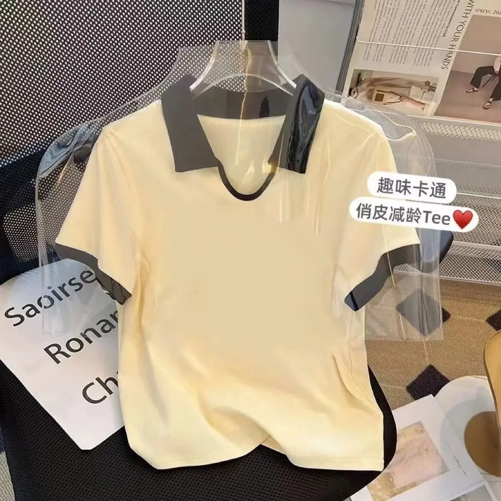 Camiseta de manga corta con cuello tipo POLO para mujer, diseño de contraste informal y versátil, top estampado a la moda, novedad de verano de 2024