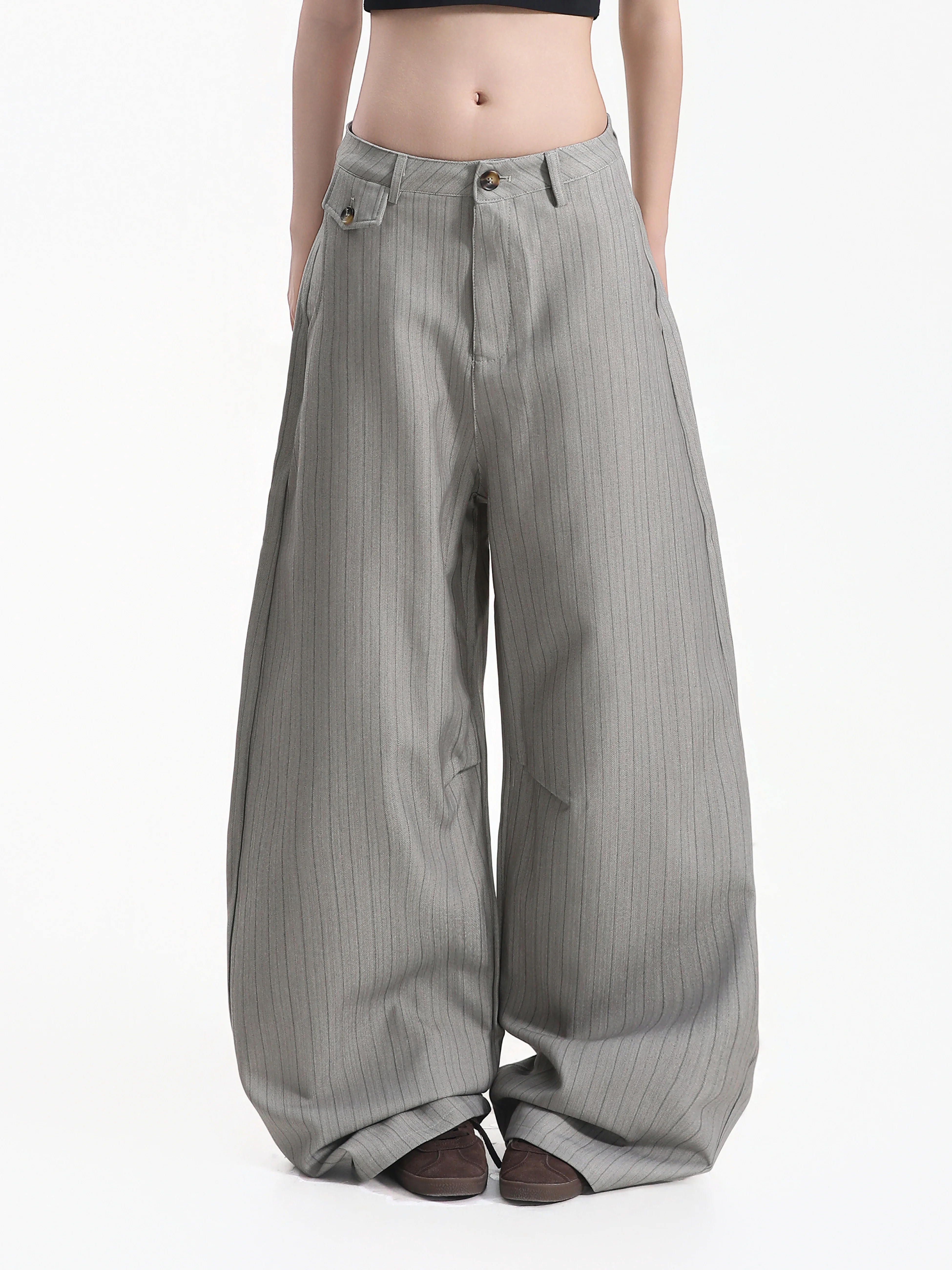 Retro Striped Wide Leg West Pants Women's Draped Loose Floor-Length Lazy Couple Suit Long Trousers Small Ball Button Decoration