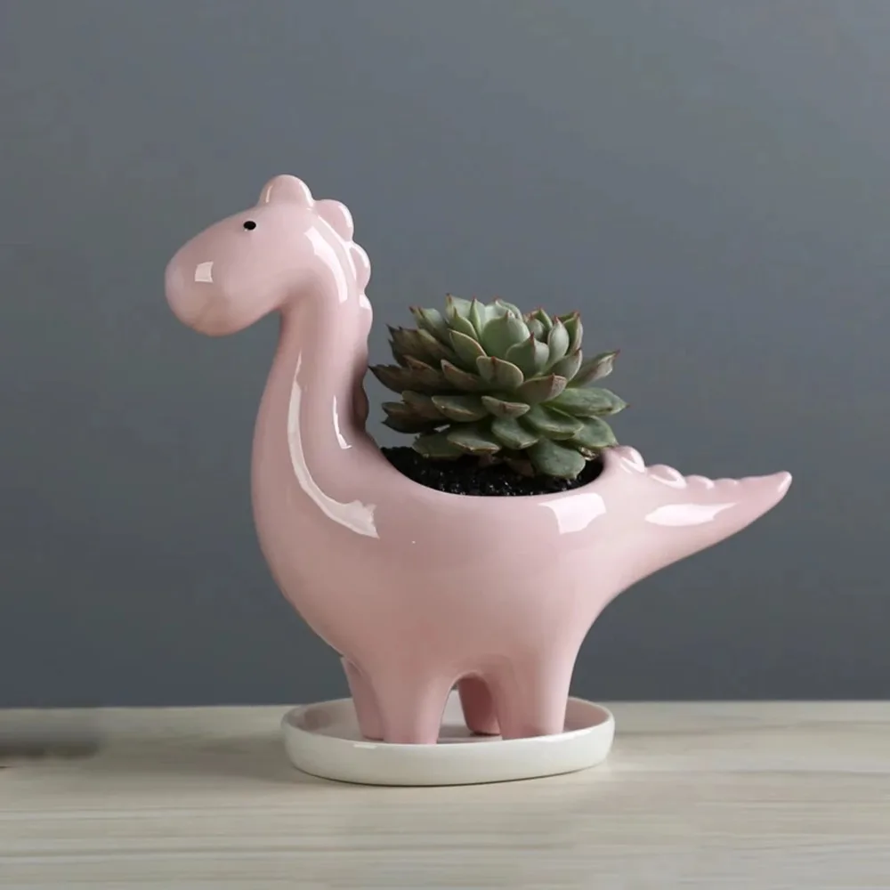 Funny With Tray Dinosaur Flower Vase With Drainage Hole Exquisite Ceramic Flower Pot Kawaii Animal Vase Container Desktop