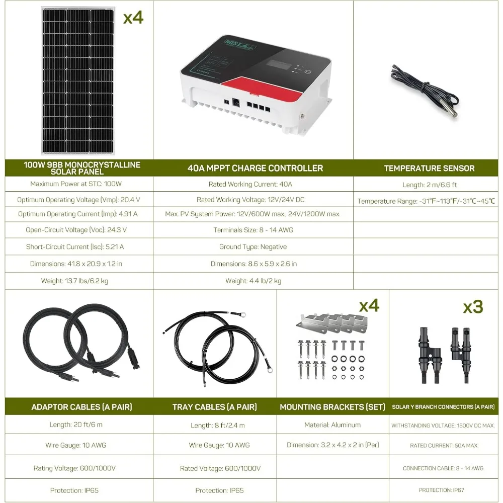 400 Watt zonnepaneelkit, 4 stuks 9BB mobiele monokristallijne zonnepanelen met 12V / 24V 40A MPPT zonne-laadregelaar