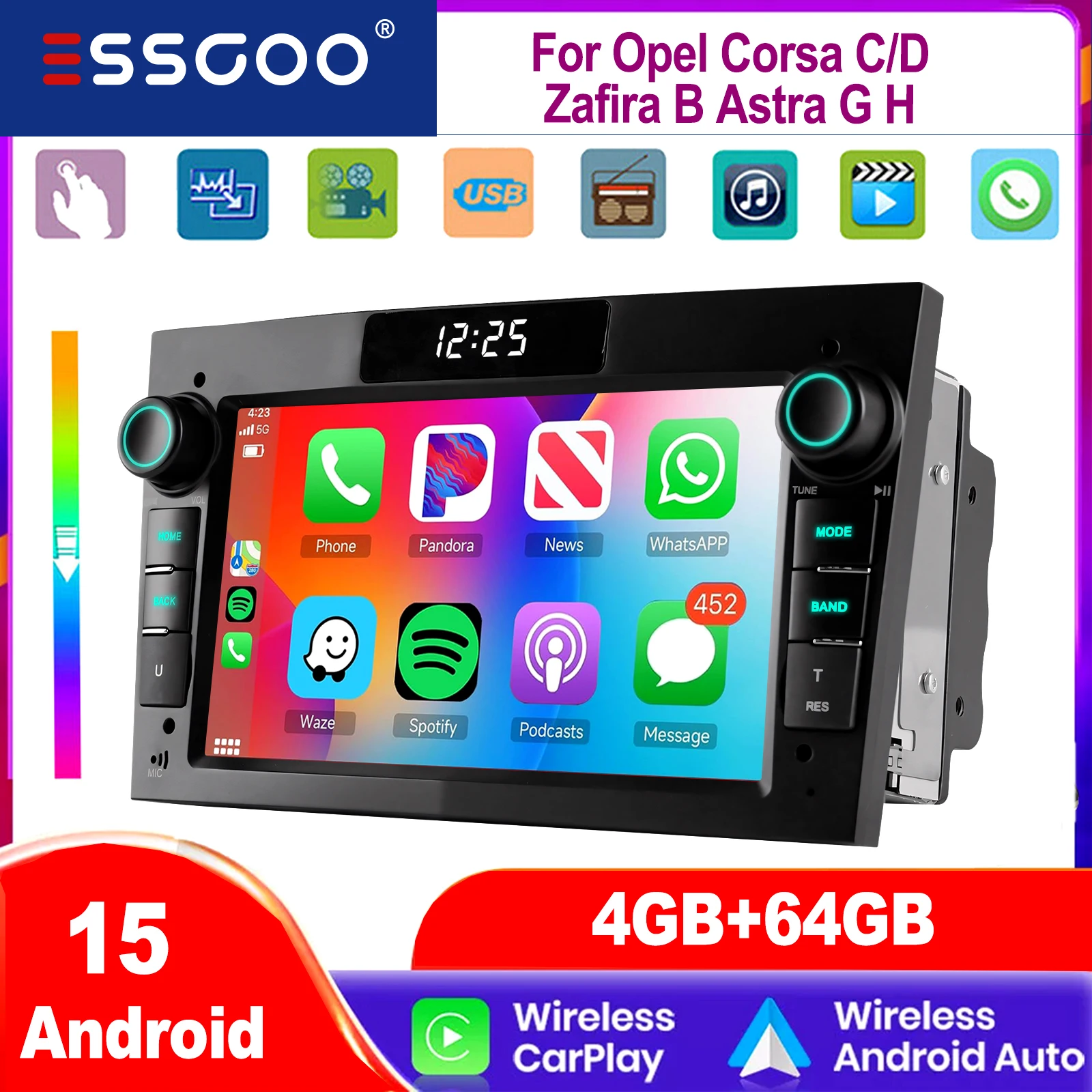 ESSGOO Für Opel Astra H Corsa C D Vectra C Zafira B Signum Combo 7 "Android 15 GPS NAVI Auto Stereo Carplay Android Auto BT wifi