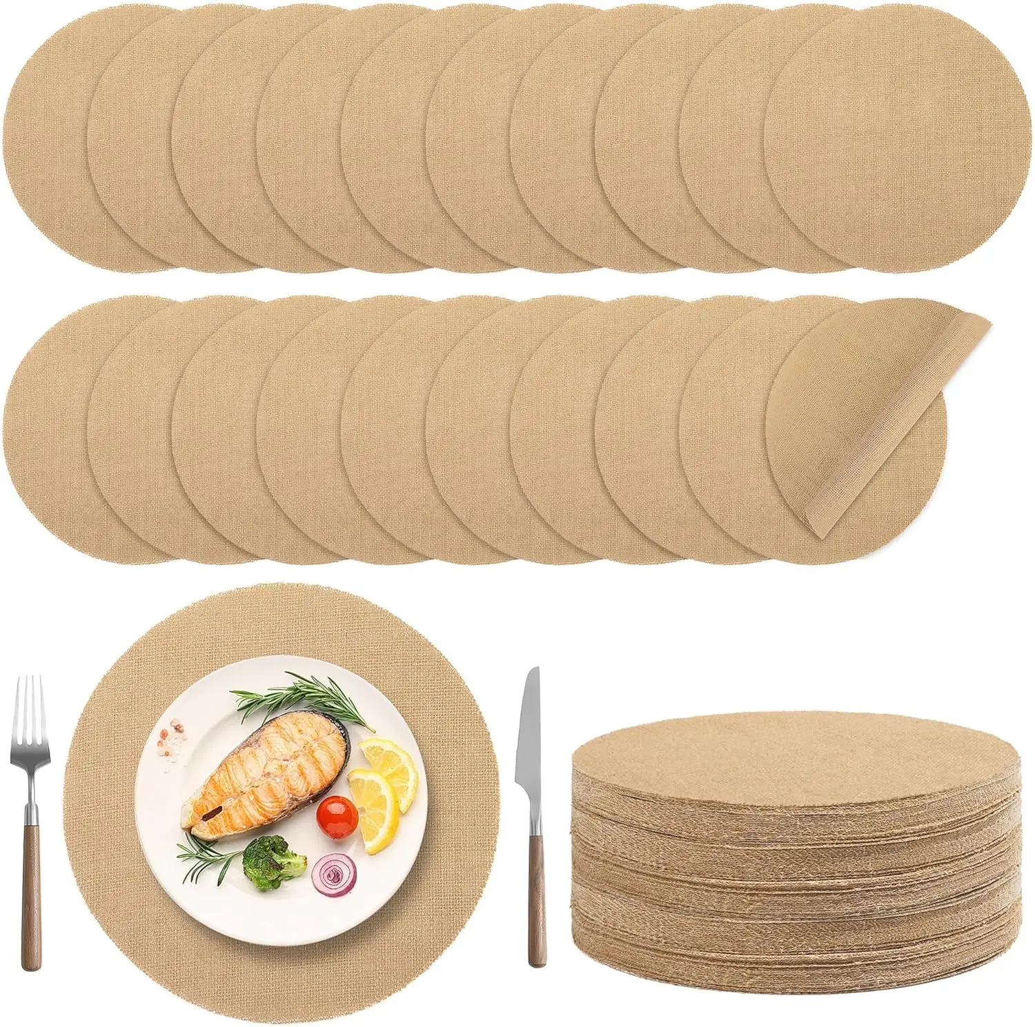 

50-Pack Round Jute Placemats 11.8 Inch Reusable Brown Table Mats Rustic Decor for Dining Wedding Farmhouse