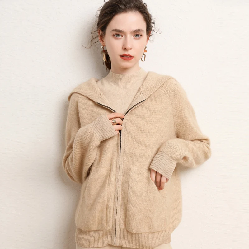 2022 Spring Autumn New Women\'s 100% Cashmere Cardigan Fashion Colors Female Knitted Hooded Cardigans Loose Soft Knit Classic