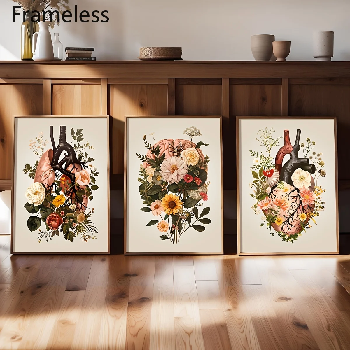 （Noframe 3PCS）-2D Flat, 2D Flat, 2D Flat Set of 3 Frameless Botanical Heart, Lung, And Brain Anatomy Canvas Posters, Featurin