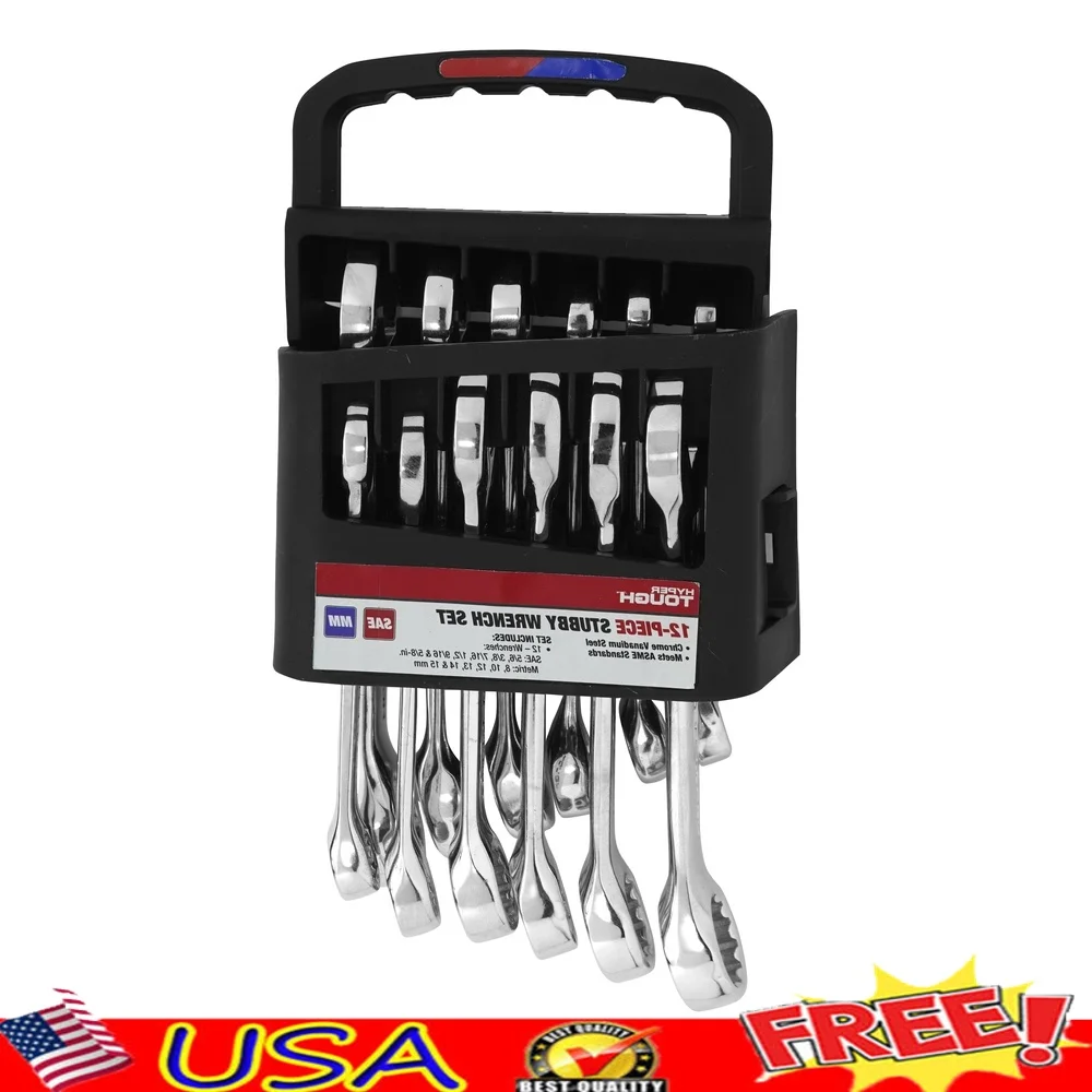

12-Piece Stubby Wrench Tool Set Chrome Vanadium Steel Mirror Polished Automotive Home Repair Meets ANSI Standards Durable