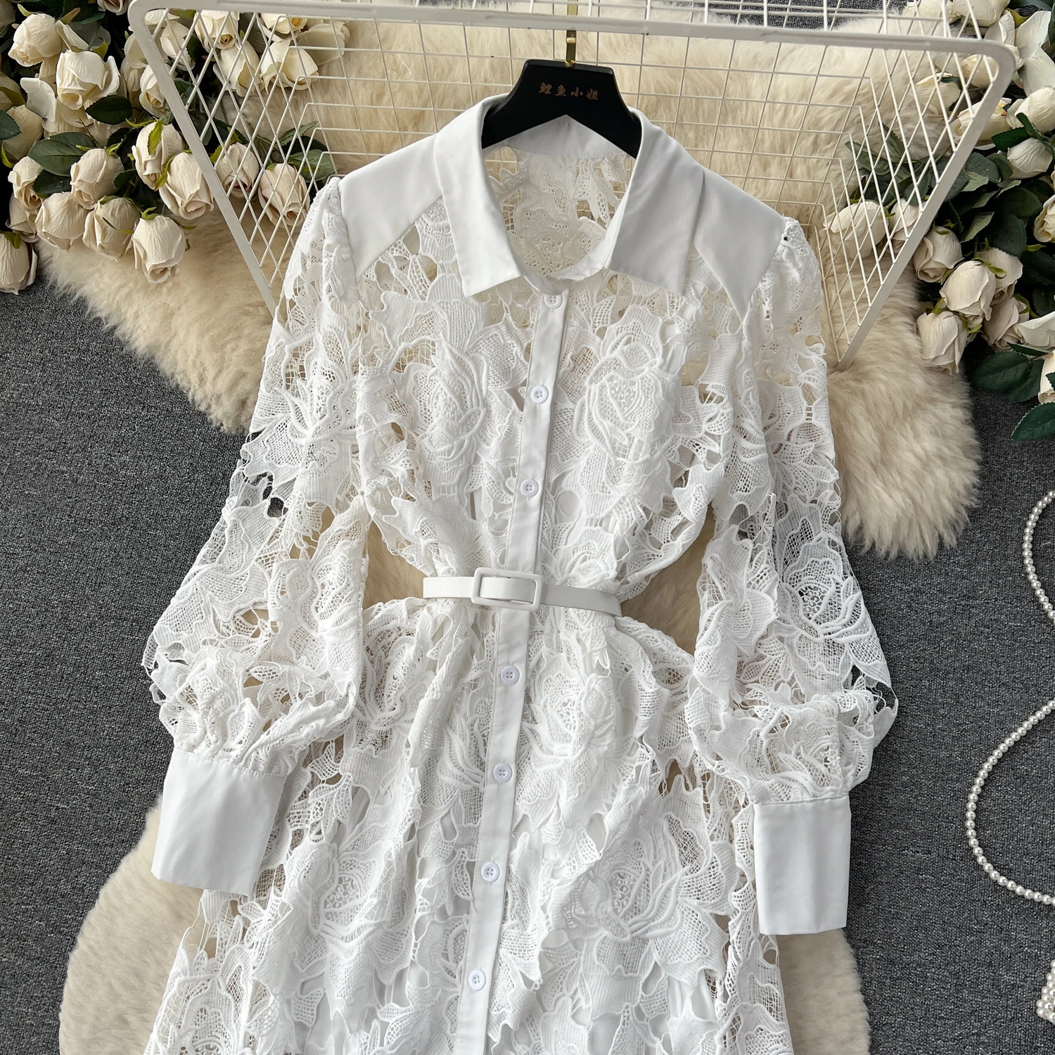 High Quality Luxury Lace Hollow Out Women Spring Summer Turn Down Collar Single Breasted Belt Party Holiday Casual Dresses