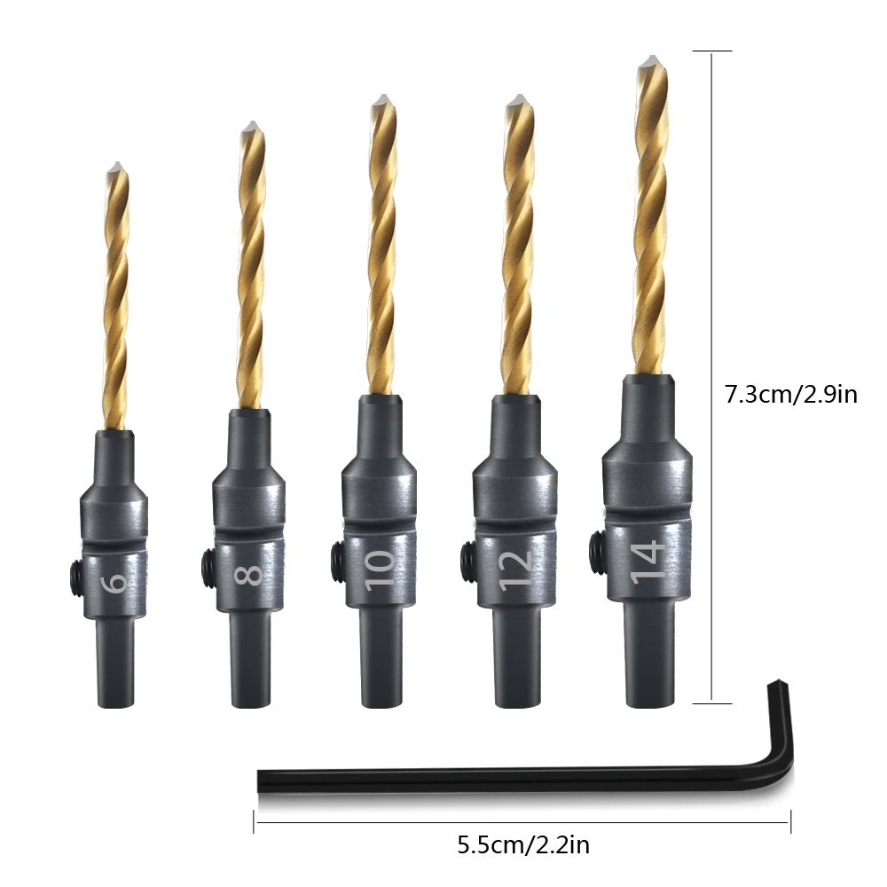 WREOW 5PCS Countersink Mata Bor S Woodenworking Countersink Mata Bor Counterbore งานไม้เจาะรูนักบิน Hex ประแจ