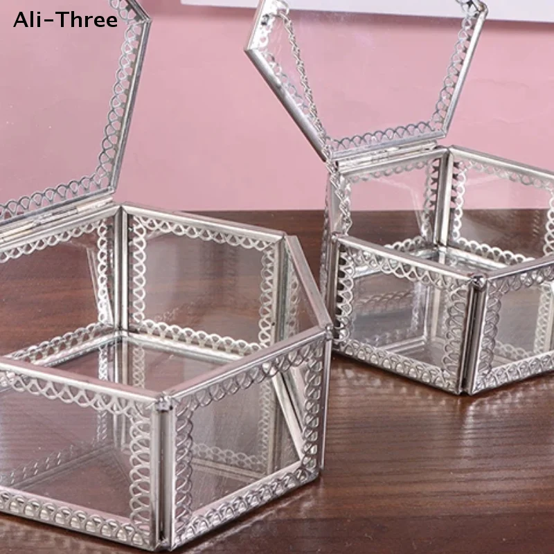 

Hexagon Transparent Glass Storage Box Jewelry Ring Earring Beads Coins Display Case Keepsake Organizer Tabletop Container