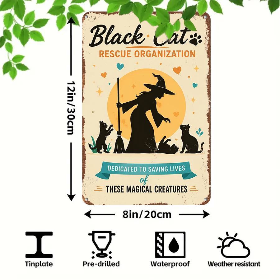2D flat retro metal tin plate, Black Cat Rescue Organization Witch Tin Sign, Suitable for home, garage, café, bar and garden decoration - Detail 1