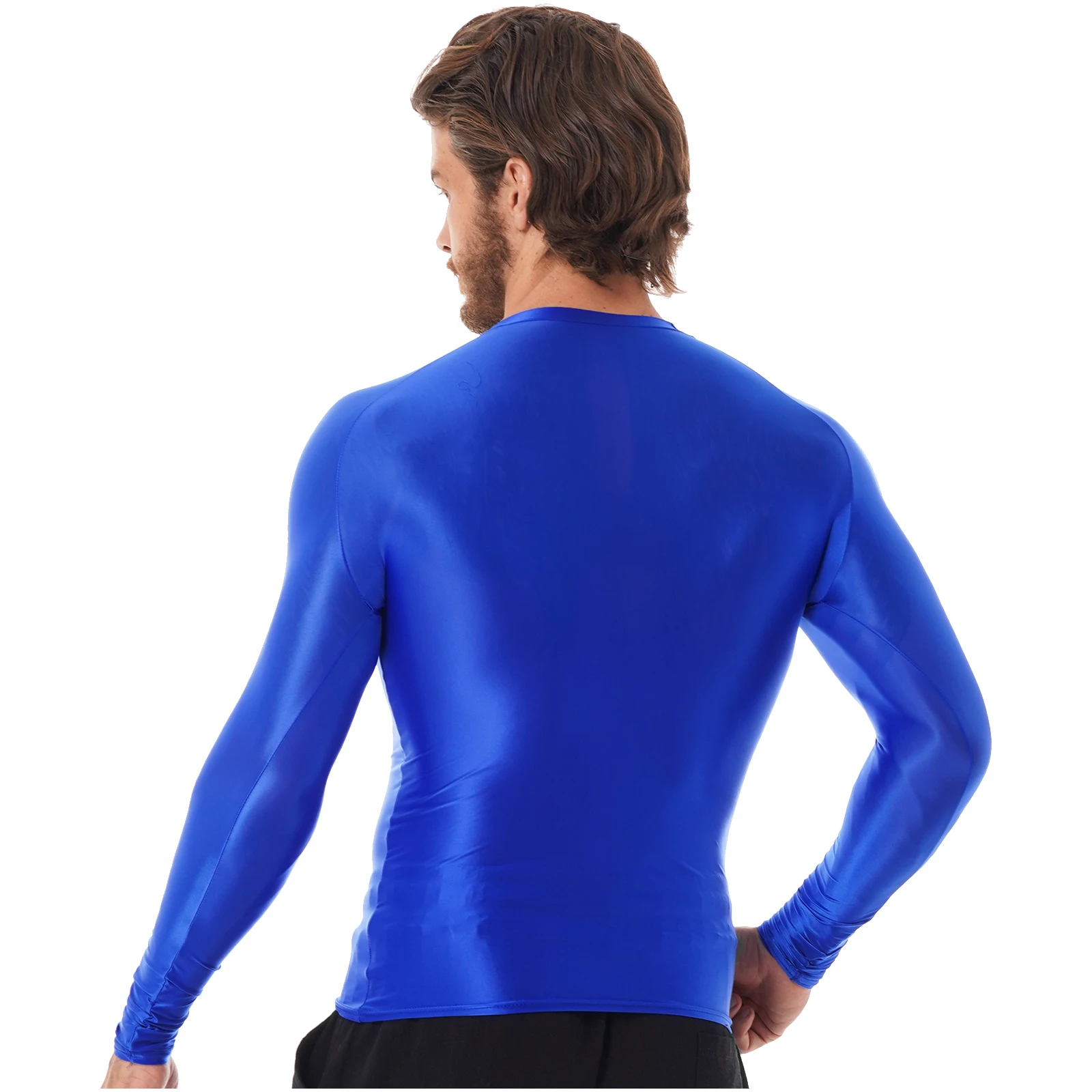 Mens Satin Silky Long Sleeve Shirt Gym Workout Running Compression Athletic Tee Shirt Fitness Bodybuilding Tops Undershirt