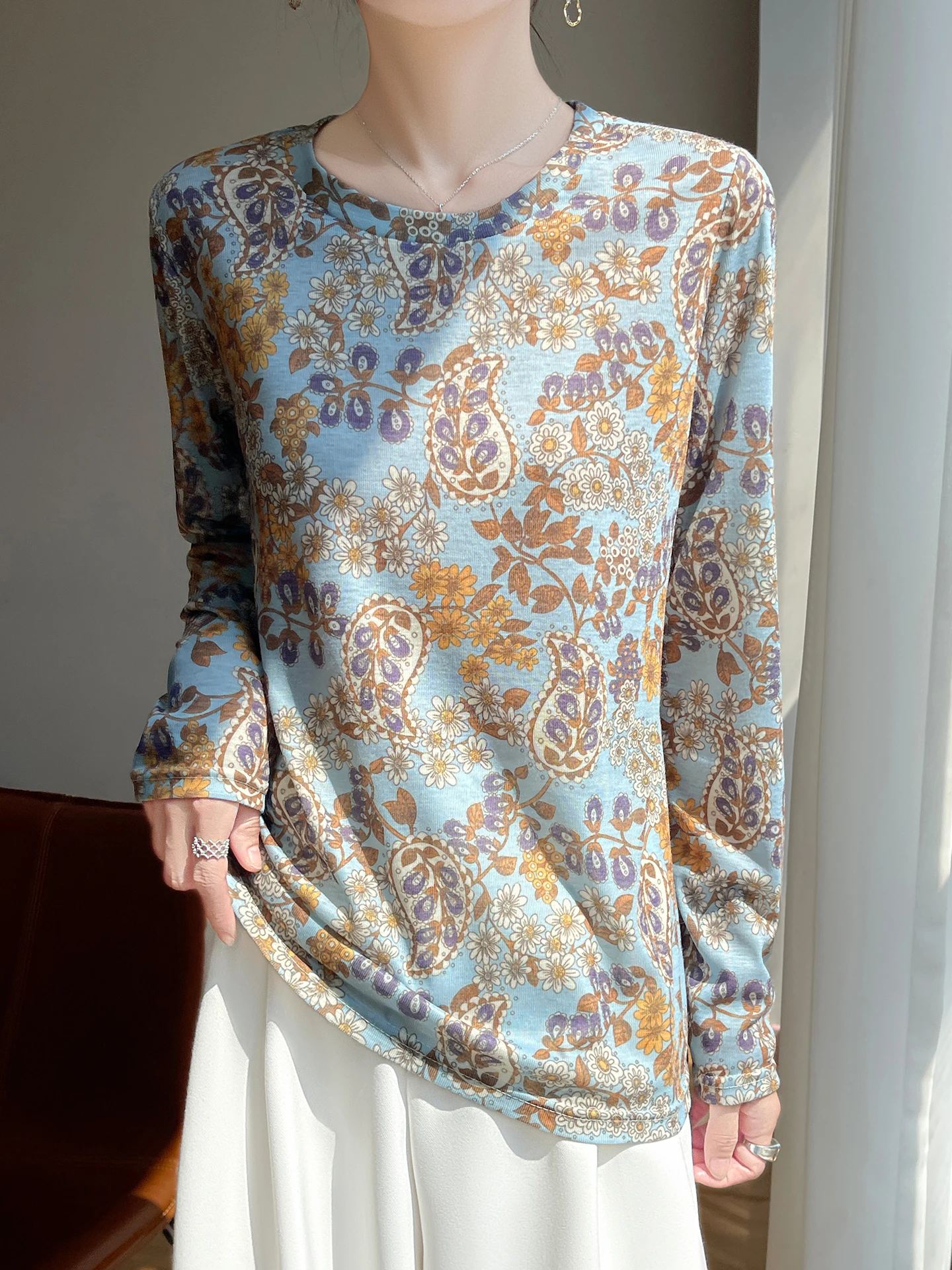 Lace Long Sve Damen-Strick-T-Shirt, runder Ne-Pullover, leicht, luxuriös, hautfreundlich, Base Irt, lässige, lockere Passform