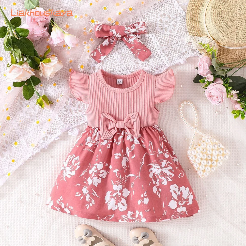 2026 New Summer Toddler Girl Dress 0-2 Years Sweet Bowknot Flying Sleeve Princess Dress Baby Girls Ins Style Cotton A-Class