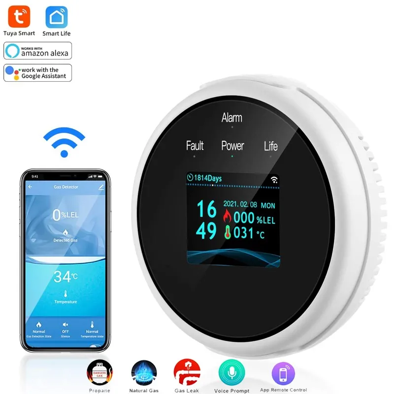 Tuya-Detector de fugas de Gas Natural con WiFi, Sensor de fugas de GLP, alarma de sonido y Monitor remoto de 433MHz, compatible con Google y Alexa