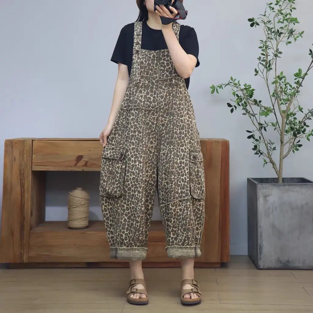 

2026 Spring/summer New Women's Denim Jumpsuit Loose Leopard Print Wide Leg Overalls