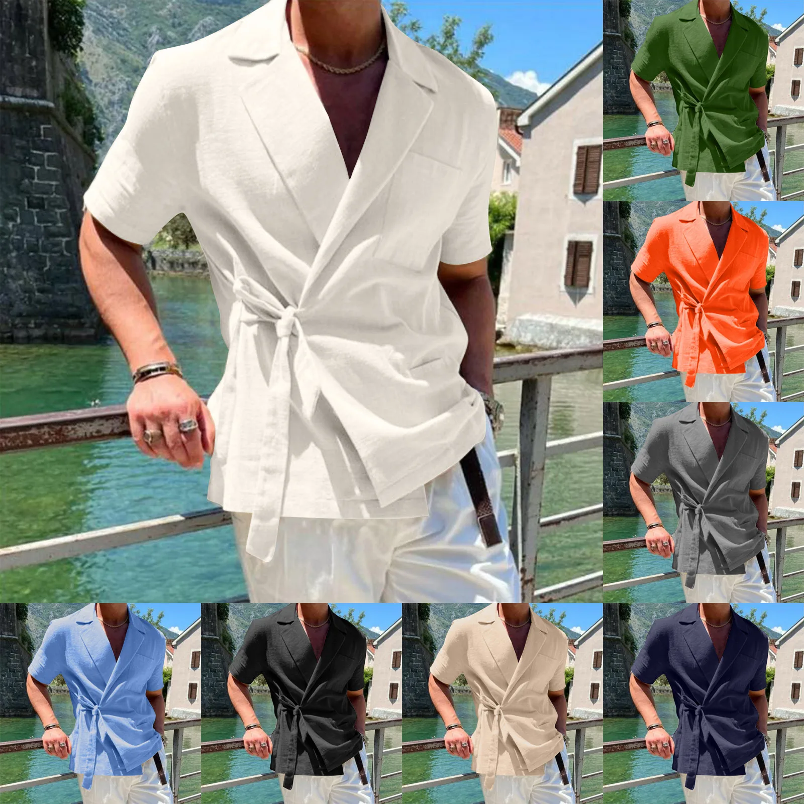 2024 new Mens lapel suit Korean fashion shirts Solid Color summer Casual Outfits Cotton Linen With Tie Up camisas caballero