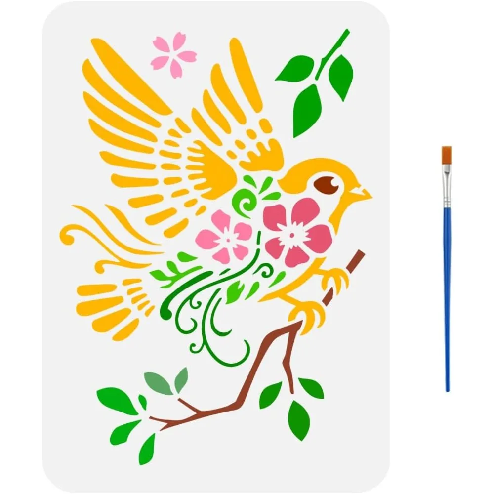 Sparrows on Branches Drawing Stencil with A Paint Brush 11.7x8.3inch Flower Leaf Branches Painting Template Bird Pattern