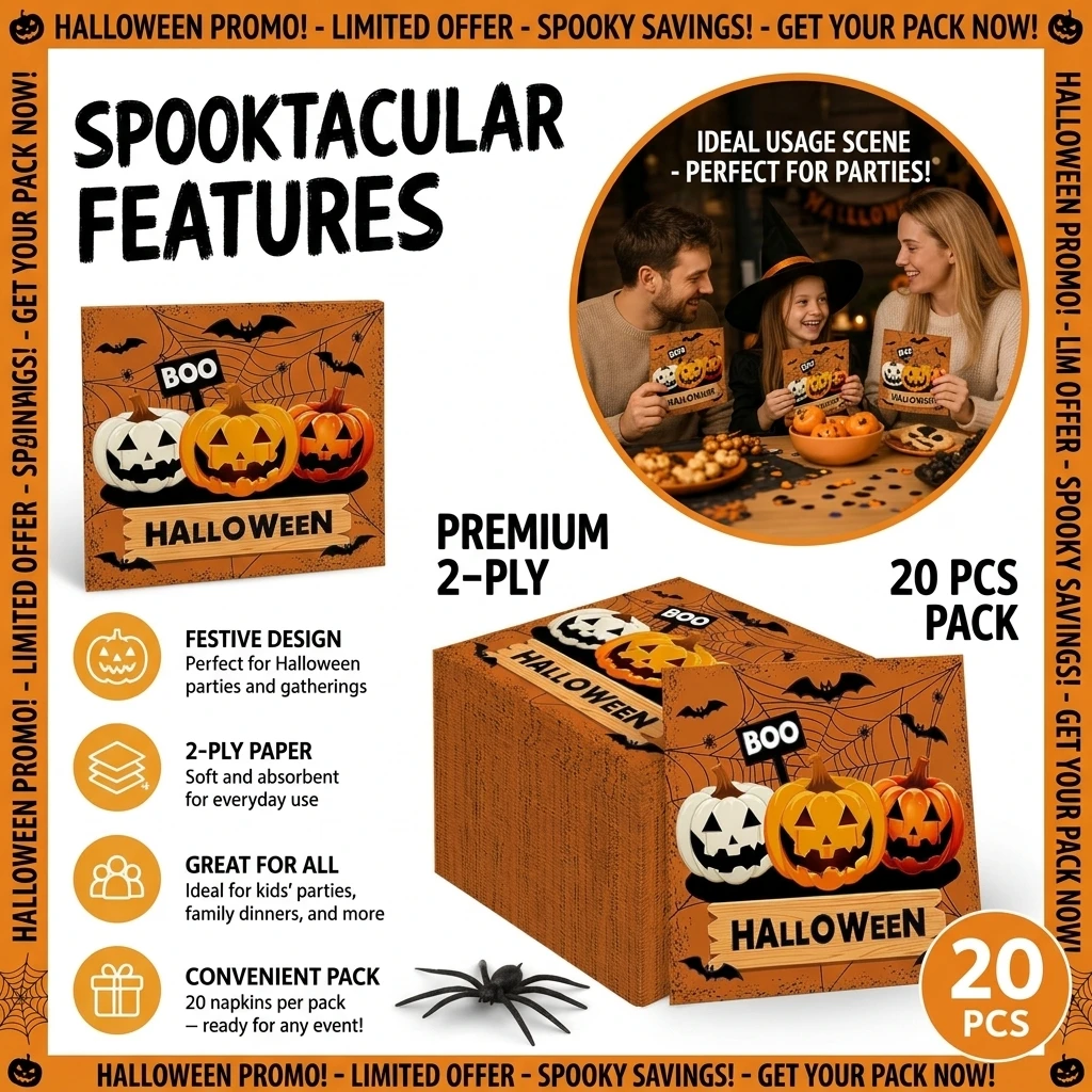 Halloween Disposable Paper Napkins 20Pcs Pumpkin Ghost Bat Skeleton Print Spooky House Party Table Halloween Paper Napkins Pack