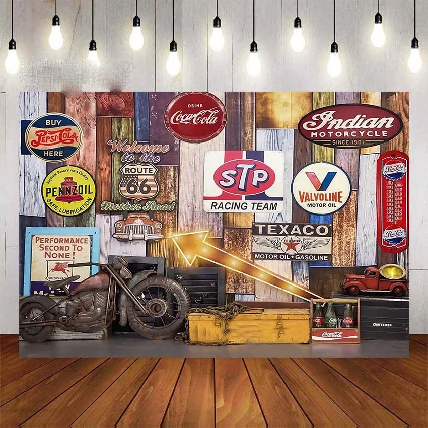 

7x5FT Route 66 Retro Motel Poster Old Filling Station Garage Custom Photo Studio Backdrop Background Vinyl 220cm X 150cm