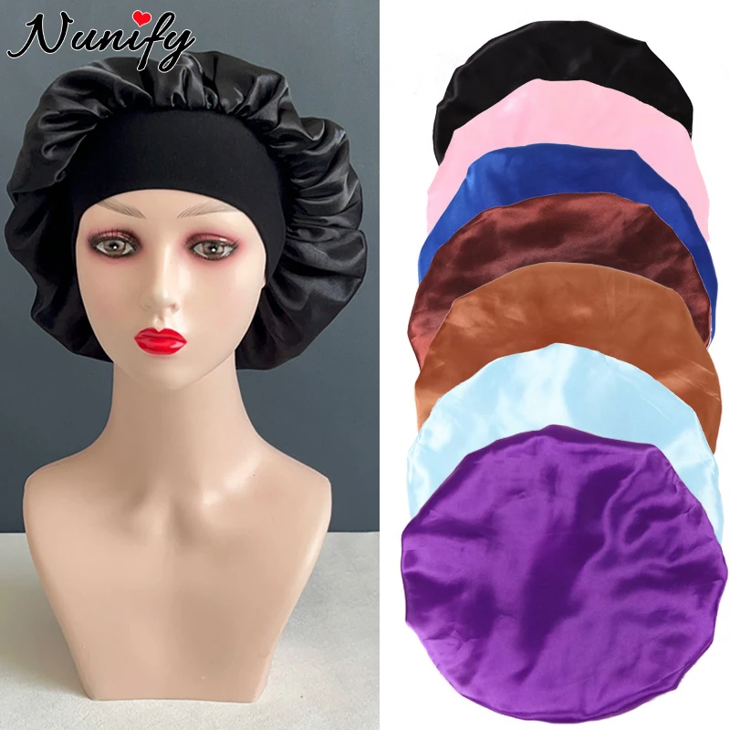 

1Pcs 6Cm Width Wide Band Silk Satin Bonnet For Women Single Layer Colorful Night Cap For Curly Hair Black Soft Milk Shred Hat