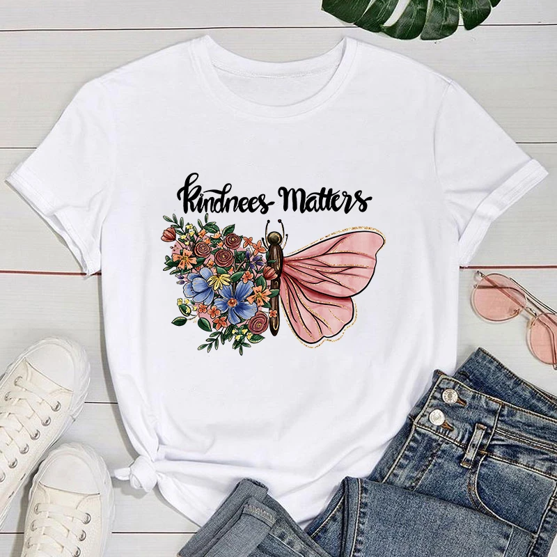 

(Premium T-shirt)Funny Kindness Matters Flowers Butterfly Printed Shirt Women'S Casual Personality T-Shirt Female Summer Cute T