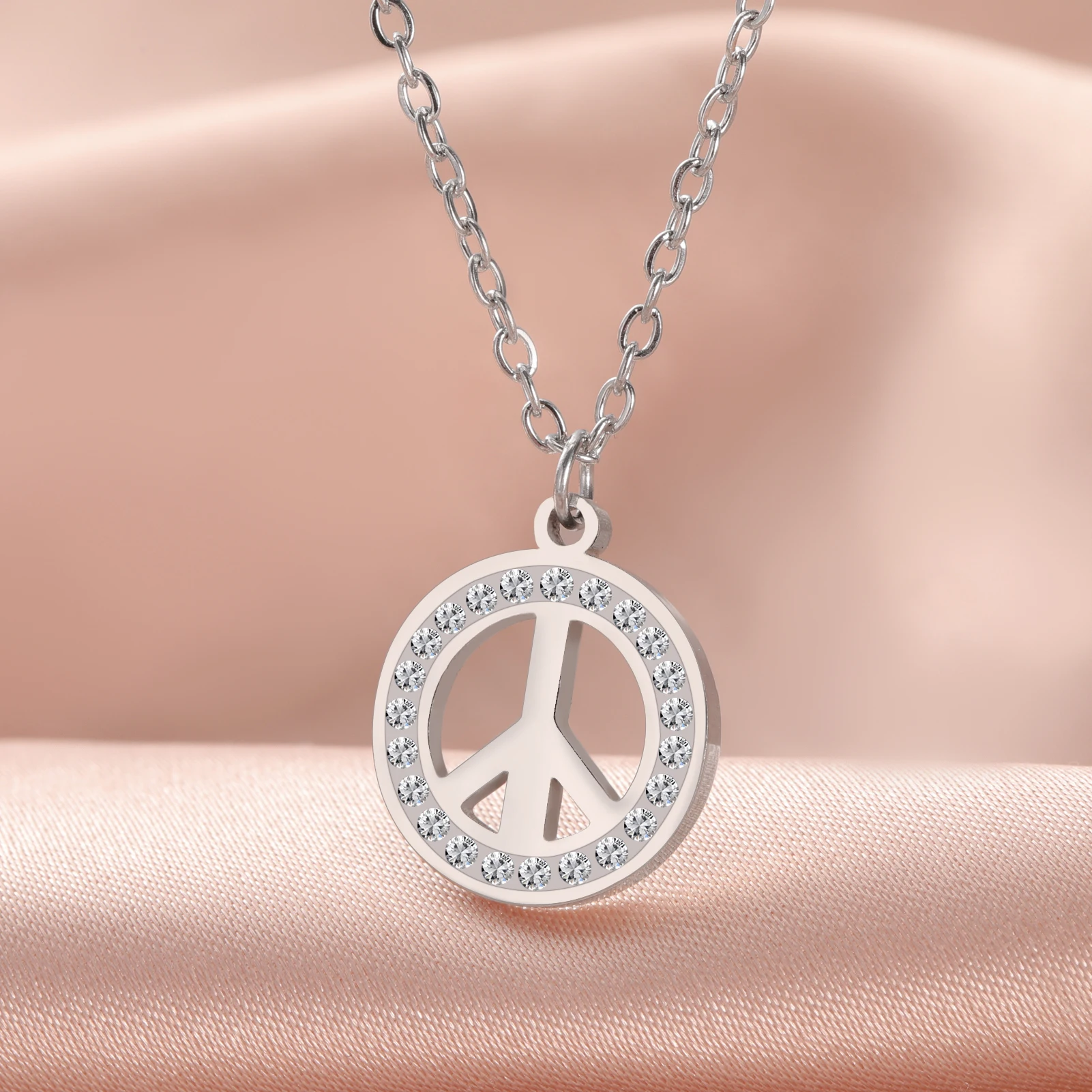COOLTIME Stainless Steel Peace Symbol Necklace Chain Choker Zircon Round Fashion Pendant Amulet Jewelry Gift Wholesale 2024 