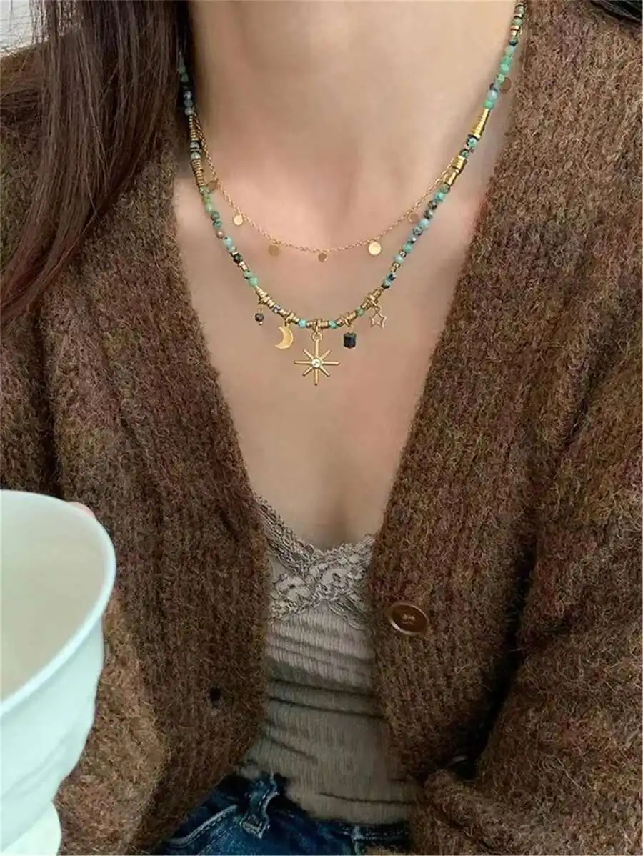 2pcs Set Vintage Natural Stone Bead Layered Necklace With Star Moon Charm Pendant For Women