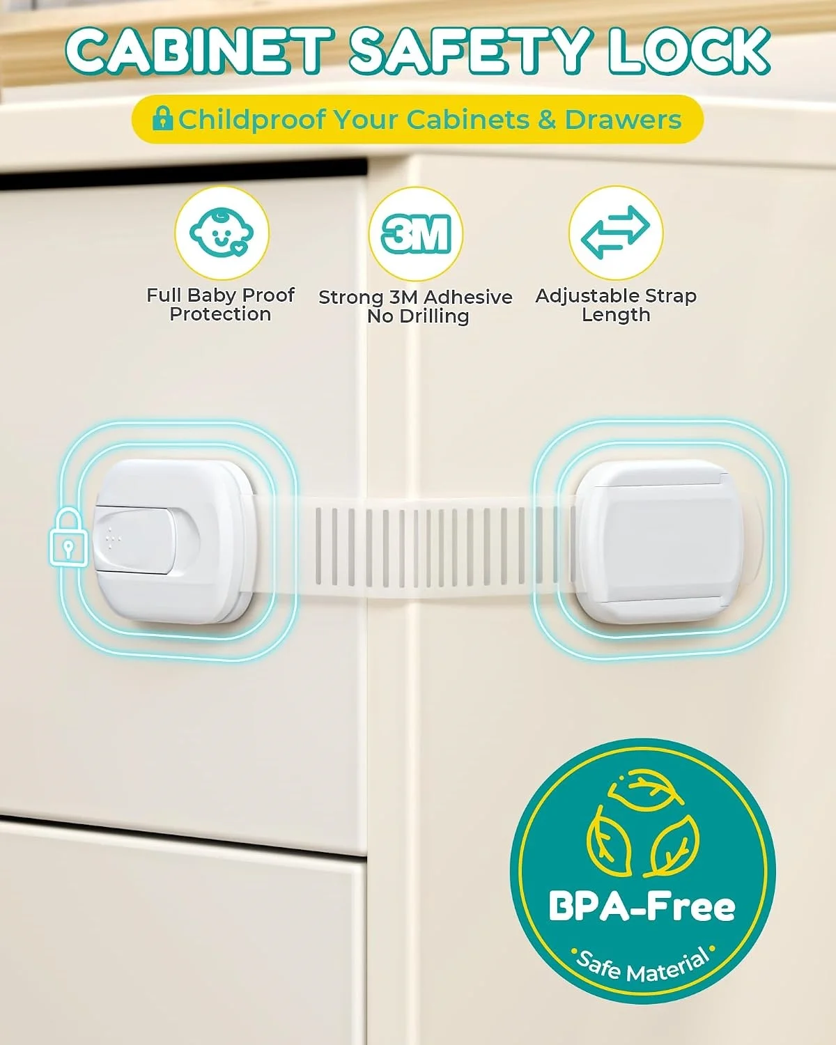 Cabinet Lock baby Protection, Child Safety Lock White, No Drilling Required, Suitable for Drawers, Refrigerators, Cabinets