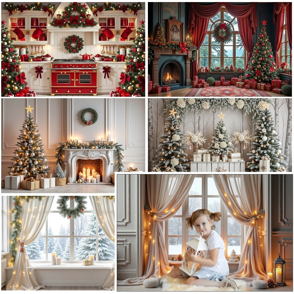

MOON.QG 2025 Christmas White Red Curtains Backdrop Houses Snow Pine Tree Background Photography Children Photo Studio Props