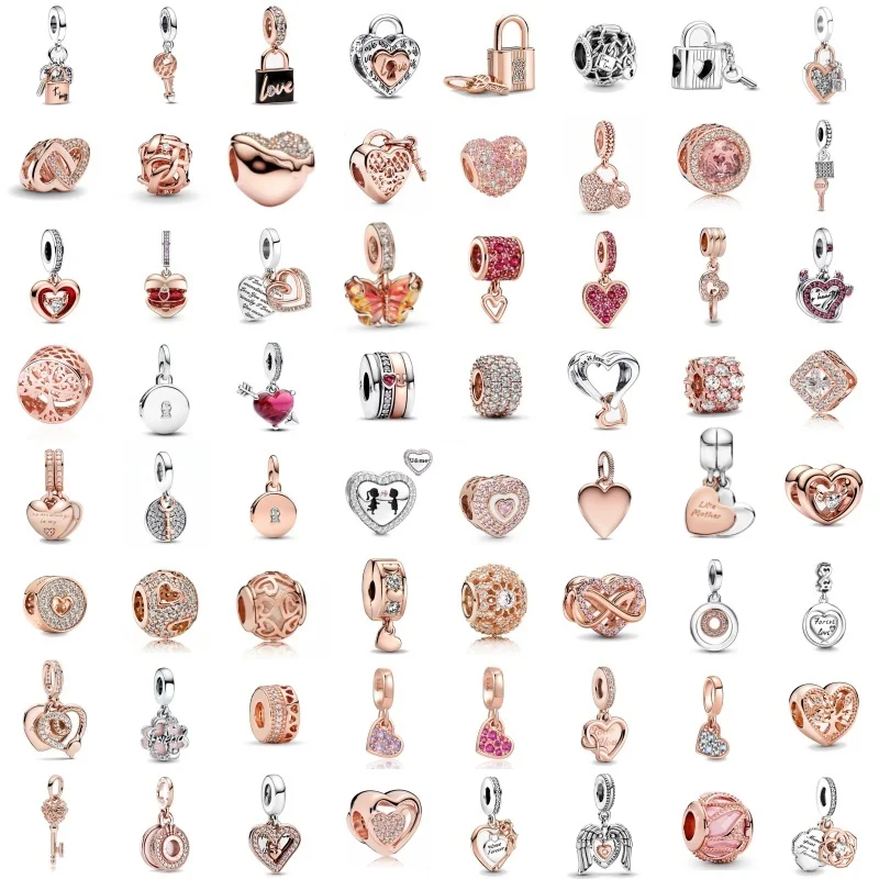 New Sparkling Rose Gold Charms Padlock Heart Key Pendant Beads Fit Original Bracelet Necklace Women Jewelry 925 Silver Accessory