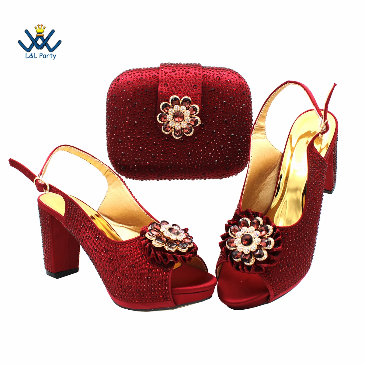 Spring Autumn High Quality Peep Toe Shoes Matching Bag Set in Wine Color For African Ladies Wedding Party