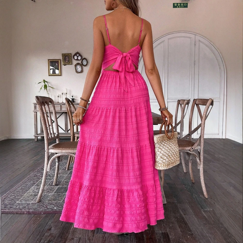 فساتين نسائية صيفية كاجوال يومية بلون سادة مكشكشة بدون أكمام ورقبة على شكل حرف V فساتين ماكسي كامي للإجازات #5