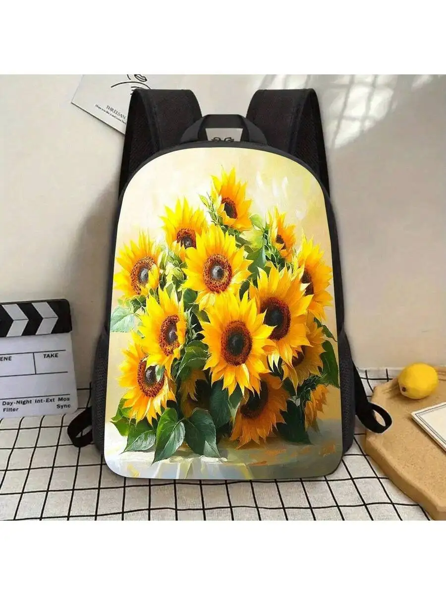

17 Inch Sunflower Print Polyester Backpack With Laptop Compartment And Water Bottle Holder