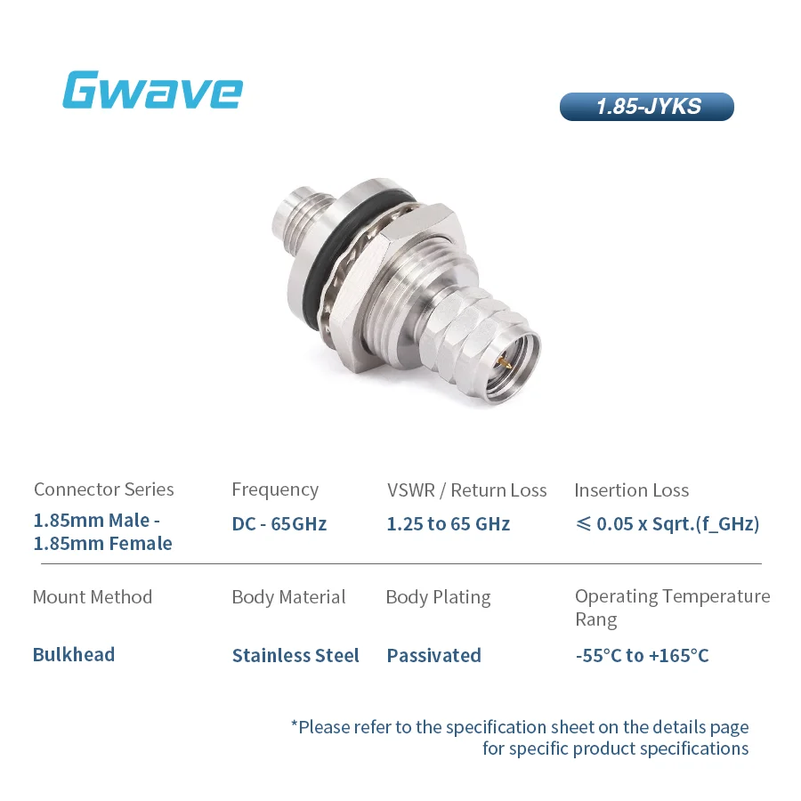 High Frequency Millimeter Wave RF Adapter 1.85mm Male/Female Bulkhead Straight Precision Stainless Steel 50 Ohm RoHS Compliant