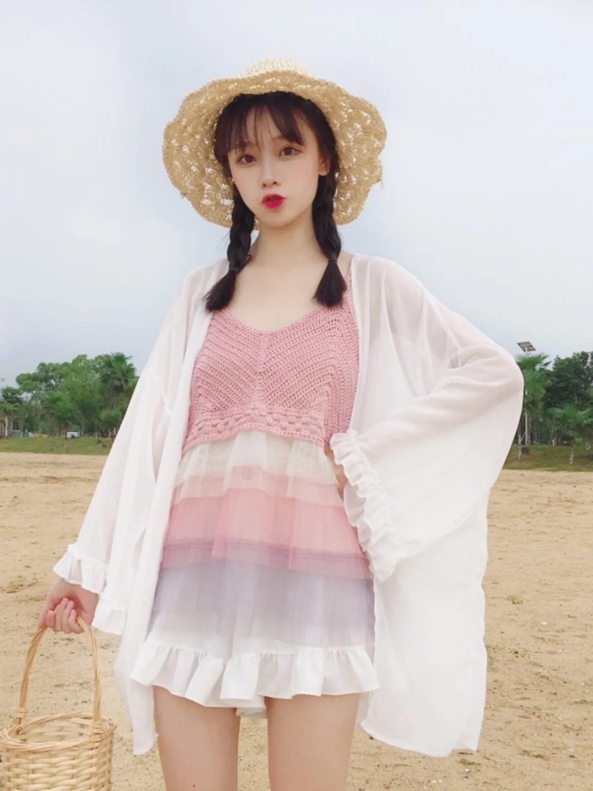 

Fre Sle Summer New Women's Chiffon Top awl Sunscreen Cardigan Korean Loose Fit V-ne Long Sve Pure Color Dr