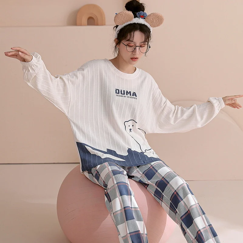 Autumn Winter Cartoon Cute Women Pajamas Set Combed Cotton Waffle Knit Pajama Sweet Long Sleeve Pants Sleepwear Suit