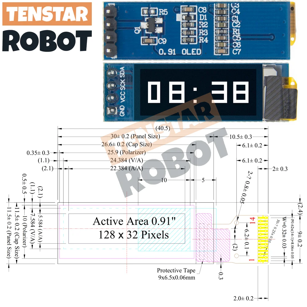 TSTARDEV I2C OLED وحدة عرض 0.91 بوصة I2C SSD1306 OLED وحدة عرض أبيض/أزرق I2C OLED شاشة سائق تيار مستمر 3.3 فولت ~ 5 فولت
