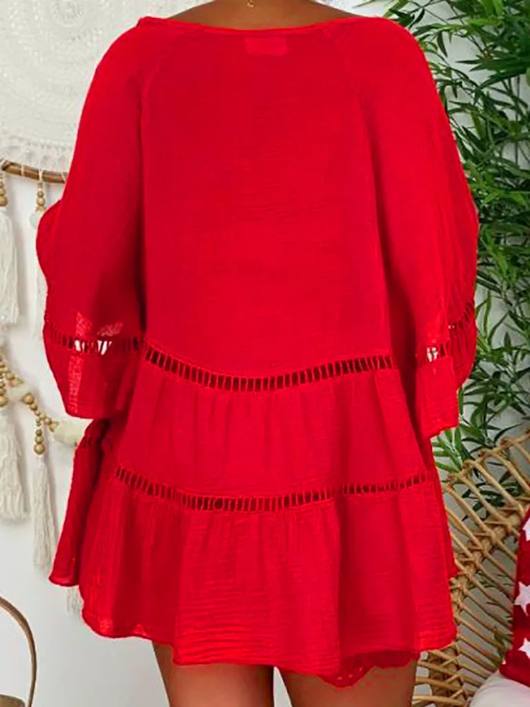 Lâche évider t-shirt quart Sve Dr femme décontracté Faion Polyester fibre une ligne jupe ort longueur U Ne Dr