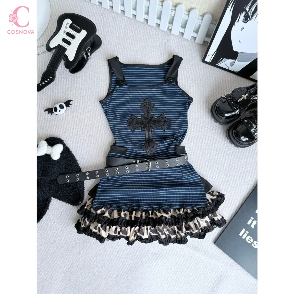 

Dark Goth Y2k Vintage Striped Cross 2 Piece Set Women Cami Top Leopard Print Ruffle Mini Skirt Y2k Hot Girl Chic Female Clothes