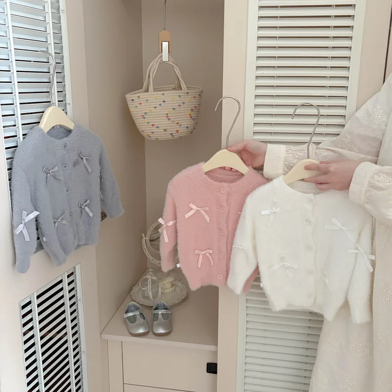 2026 New Arrival Elegant Sweet Bow Faux Mink Knitted Cardigan for Girls Autumn Winter Soft Princess Style Kids Cozy Coat Outwear