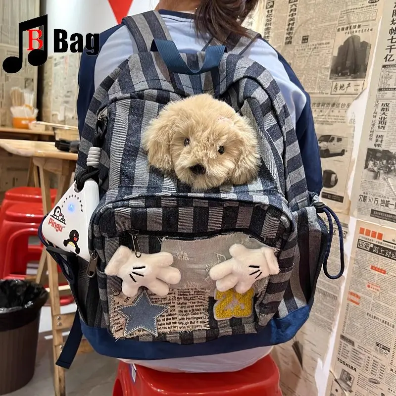 

American Retro Canvas Striped Patchwork Backpack Gothic Punk Y2K Girl Large Capacity Schoolbag Cute Dog College style Backpack