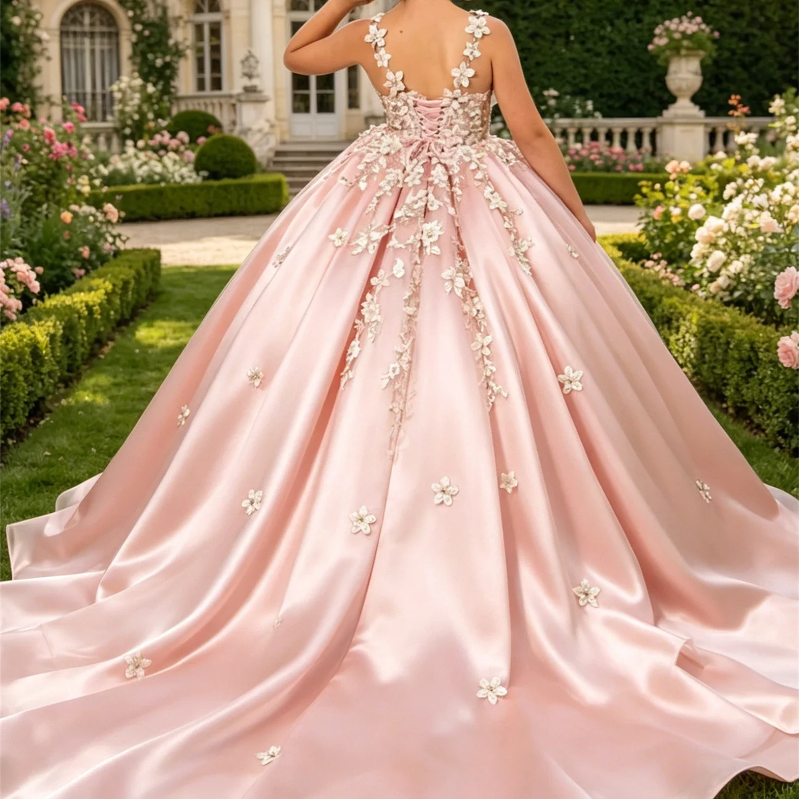 Maßgeschneidertes Luxus-Blumenmädchenkleid für Mädchen, ärmellos, aus Satin, mit 3D-Blumenapplikationen, für Hochzeiten, Partys, Geburtstage, Wettbewerbe und Laufsteg-Events