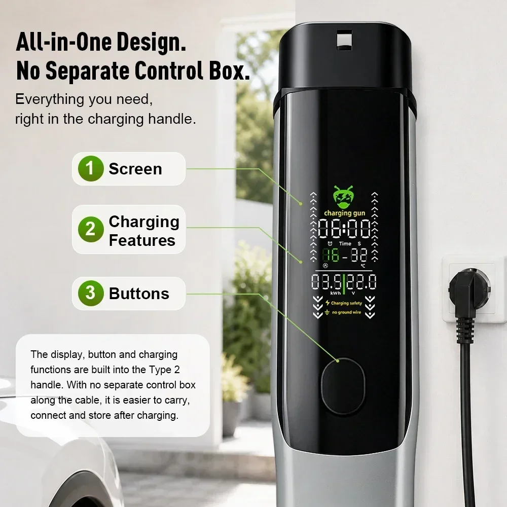 Type 2 EV Charger 16A 3.5kW Schuko 5m Cable Portable with Integrated Display Adjustable Current 1-12h Delayed Start YZBZ T20