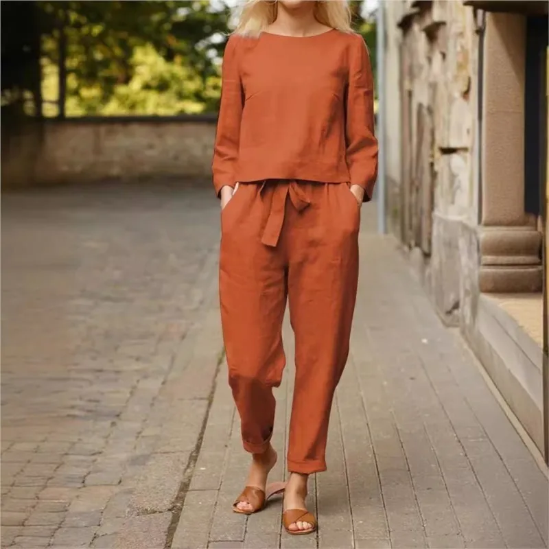 Autumn Women's Linen Suit Fashionable Solid Color Casual Round Neck Pullover Top Retro Elastic Waistband Tied Pant Two-piece Set