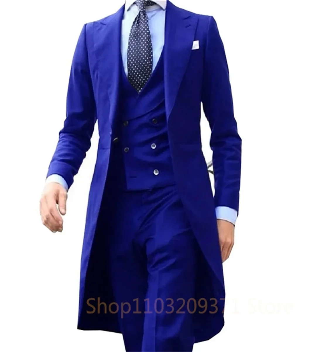 3 Piece Royal Blue Long Tail Coat Gentleman Man Suits Male Fashion Groom Tuxedo for Wedding Prom Jacket Waistcoat with Pants