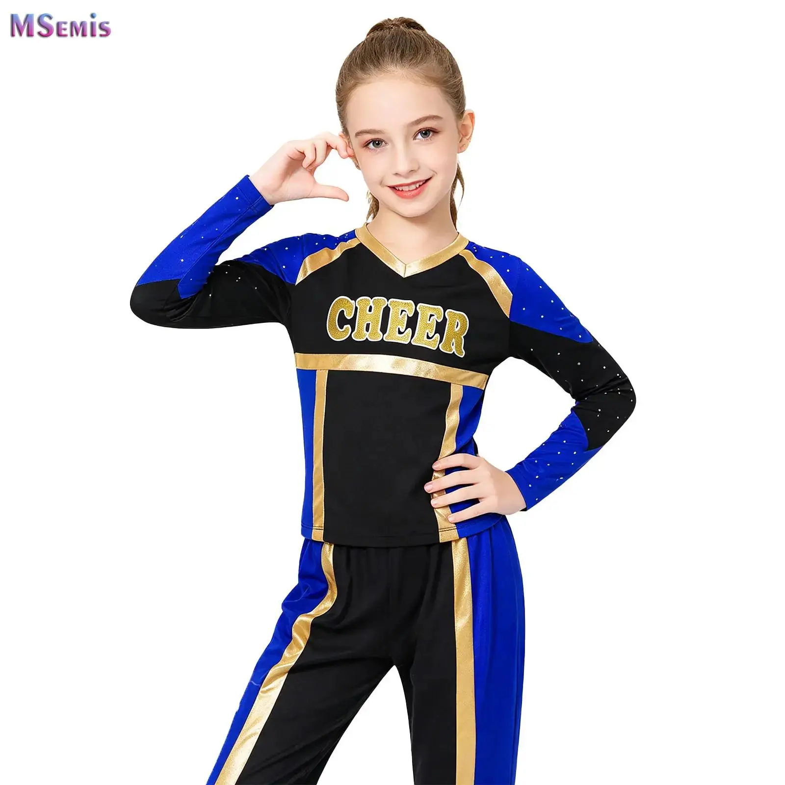 Kids Cheerleading Uniform Set Cheerlead Outfit Shiny Rhinestones Crop Top with Sides Slit Skirt Child School Girls Dancewear Set