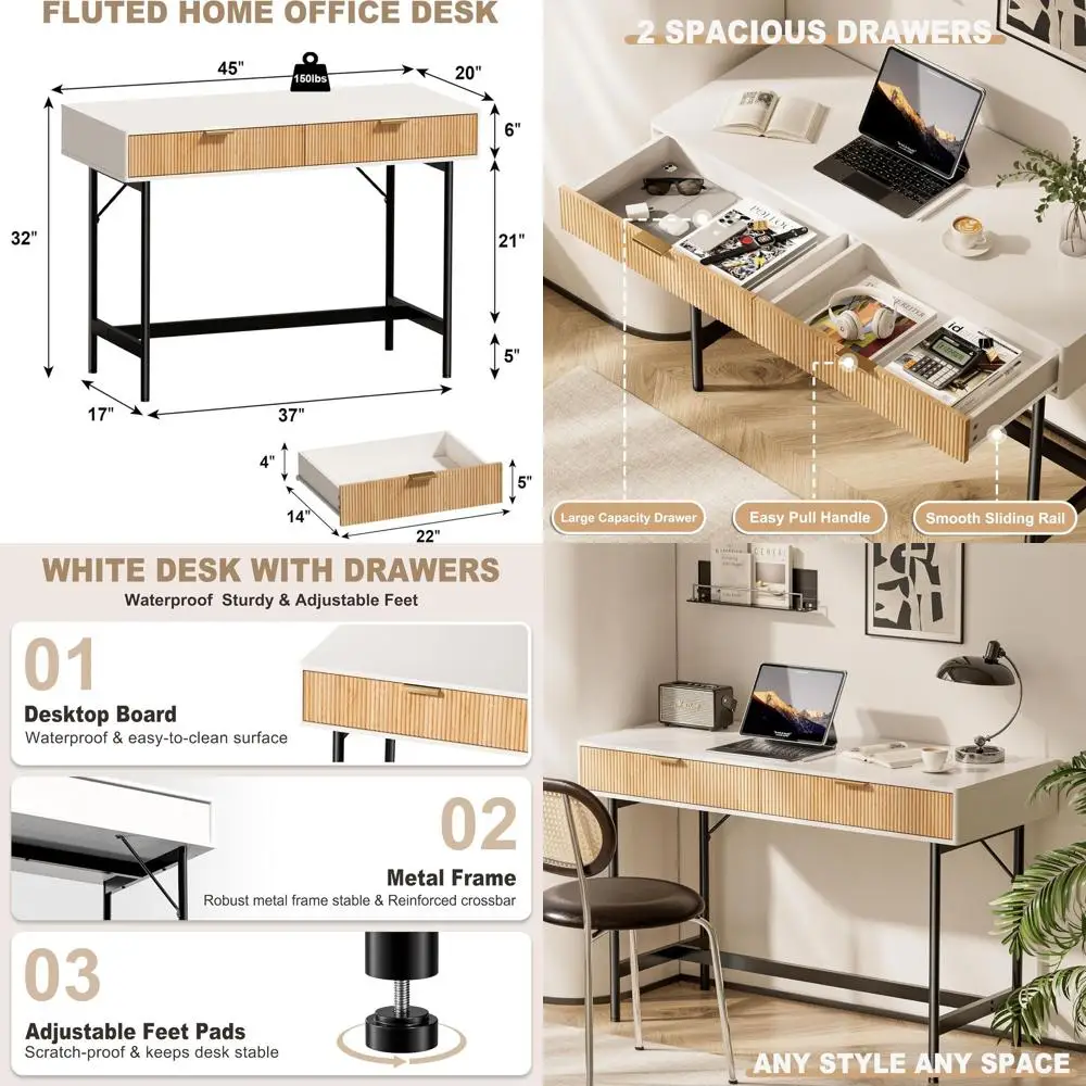 

Белый письменный стол 45 дюймов с ящиками, компактный стол для спальни или кабинета, милый стол с местом для хранения/туалетный столик, деревянный компьютерный стол для дома