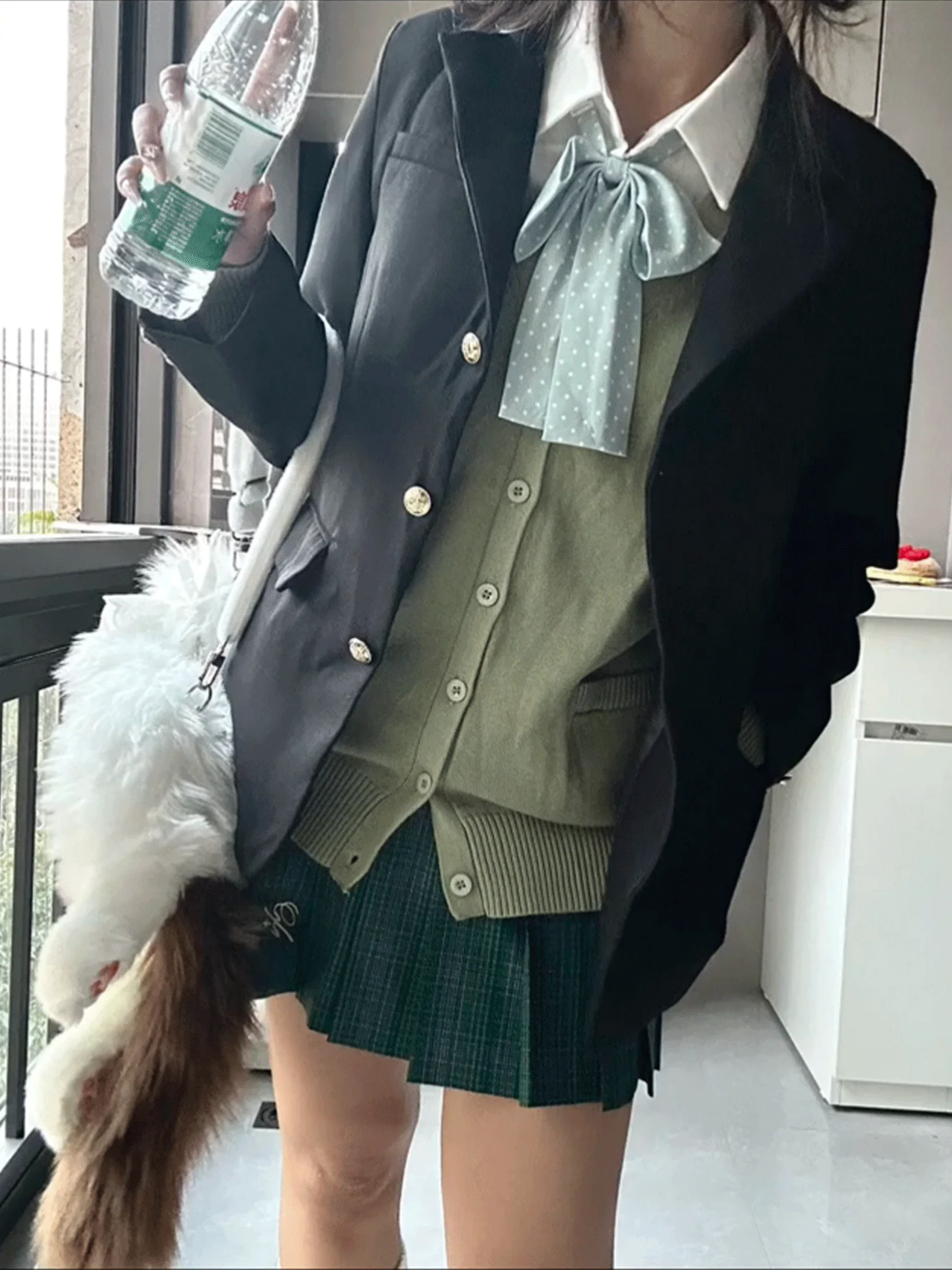 

Костюм Bla Tee-Button: жакет и вязаный свитер, женский, осенне-зимний, универсальный, для школы, в стиле JK, модный комплект