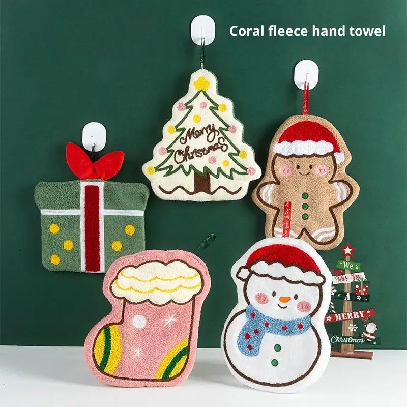

Christmas Hand Towel Cartoon Gingerbread Man Snowman Socks Christmas Tree Gift Box Coral Fleece Towel Cleaning Cloth Rag
