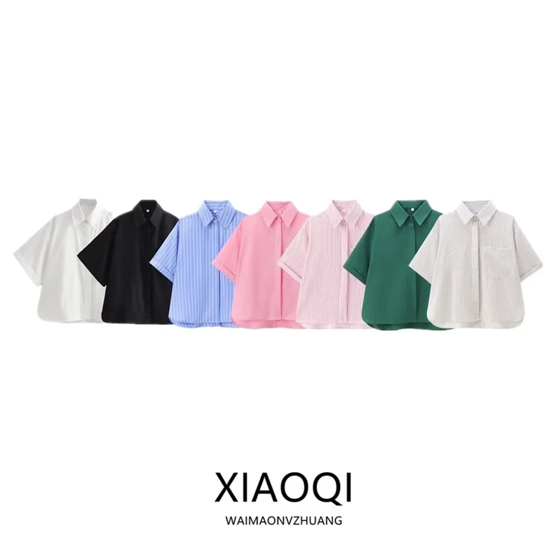 

White Short Pocket Decorated Shantung Shirt Women's Fashion Summer 2024 Straight Cut Lightweight Easy to Match Color