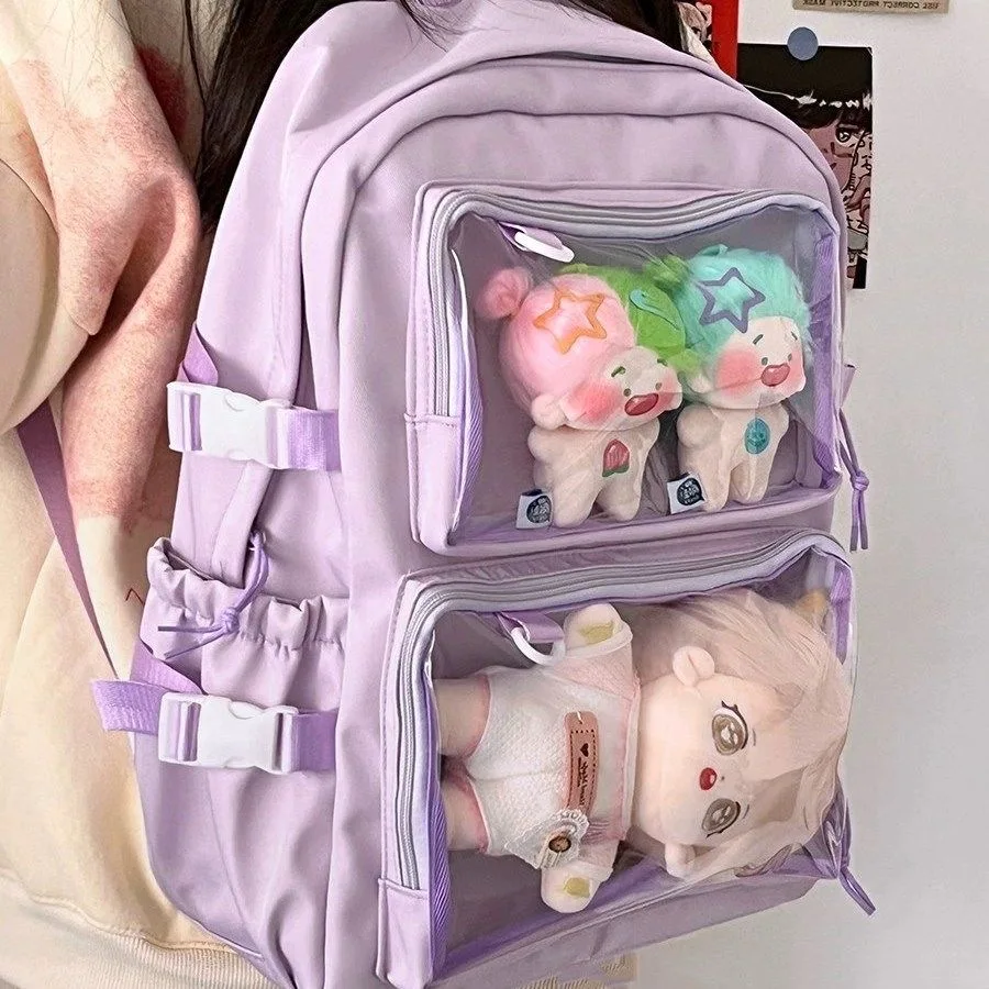 Mochila de escuela secundaria japonesa Y2K para niñas, bolsillos transparentes, Itabag para muñecas, alfileres, placa de exhibición, mochila para